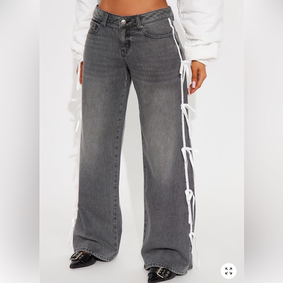 Fashion Nova Denim - Fashion Nova Gray Flare Jeans with White Ties